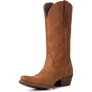 Women  Brown Floral Western Mid Calf Embroidered Full Cowhide Leather Boot